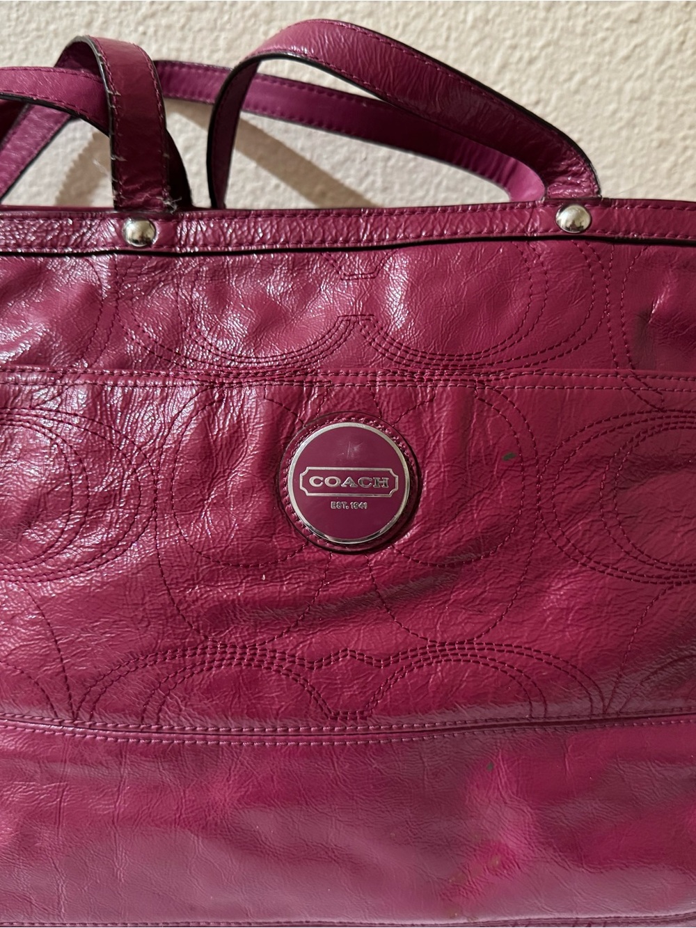 Coach Signature Leather Tote in Deep Raspberry - Picture 1 of 16
